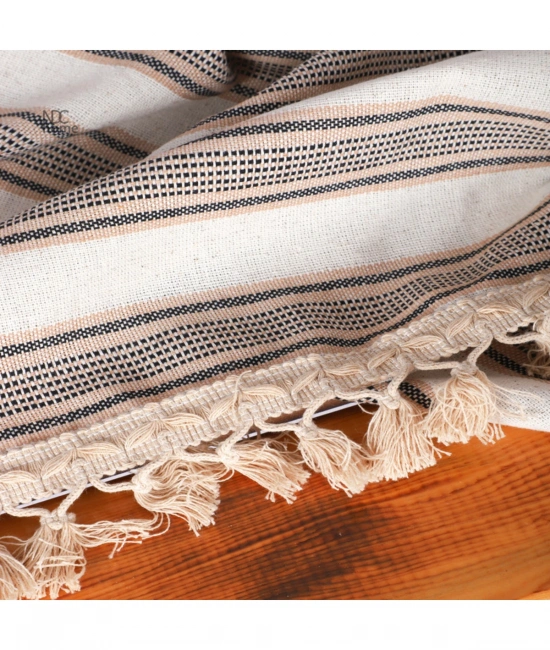 Buldan Dokuması Keten Kahverengi Çizgili Ponponlu Masa Örtüsü