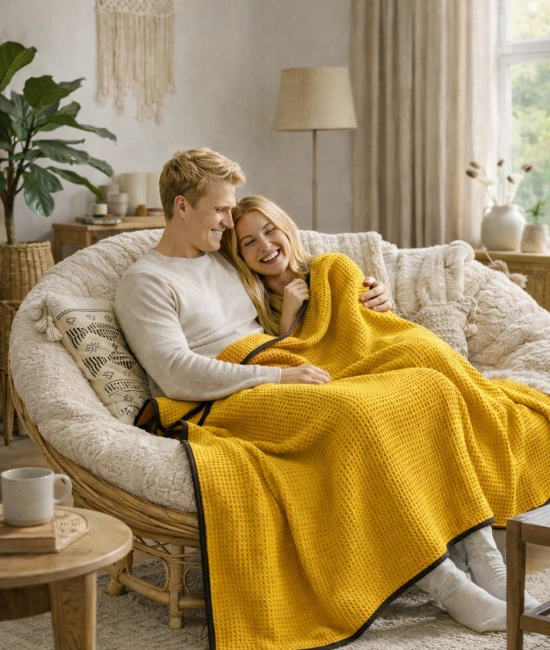 Waffle Dokuma Çok Amaçlı Pike TV Şalı / Battaniyesi - Sarı