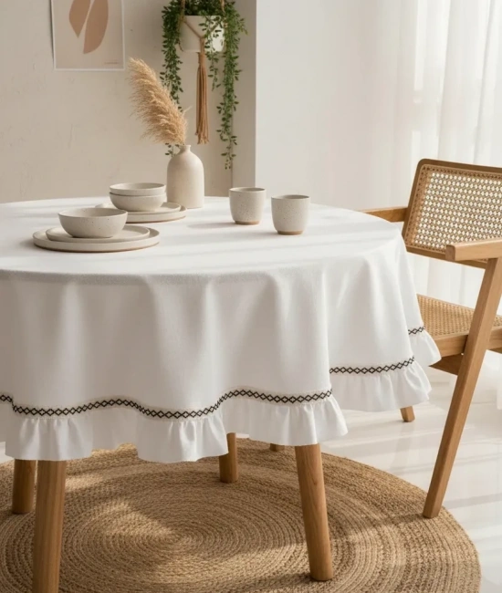 Beyaz Keten Özel Seri Fırfırlı Masa Örtüsü