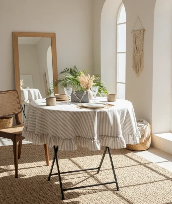 Gri Çizgili Keten YUVARLAK FIRFIRLI Masa Örtüsü