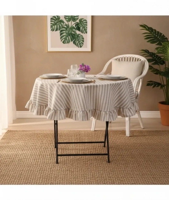 Gri Çizgili Keten YUVARLAK FIRFIRLI Masa Örtüsü