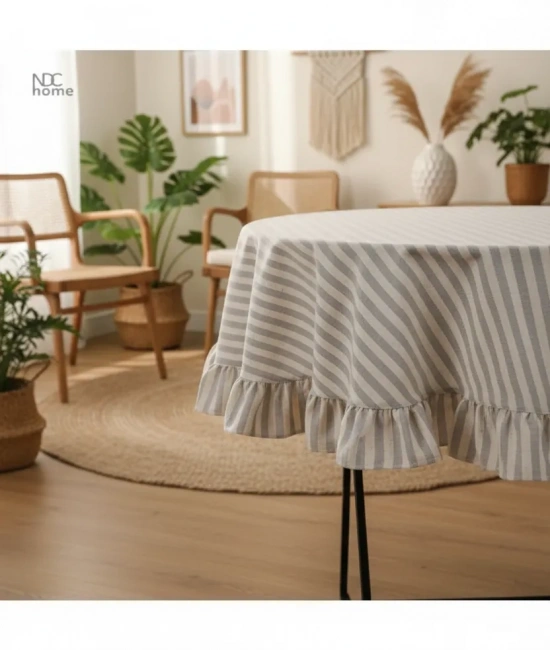 Gri Çizgili Keten YUVARLAK FIRFIRLI Masa Örtüsü