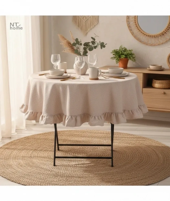 Bej Keten Yuvarlak Firfirli Masa Örtüsü