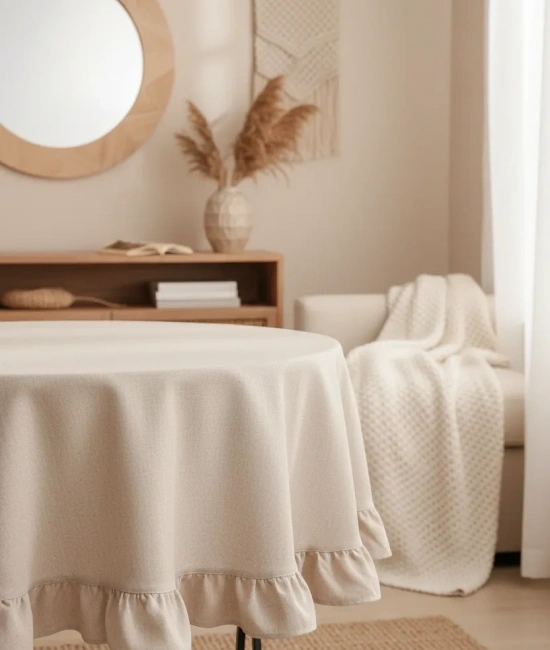 Bej Keten Yuvarlak Firfirli Masa Örtüsü