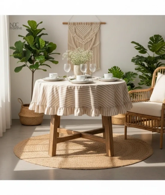Sütlü Kahve Çizgili Keten YUVARLAK FIRFIRLI Masa Örtüsü