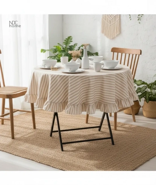Sütlü Kahve Çizgili Keten YUVARLAK FIRFIRLI Masa Örtüsü