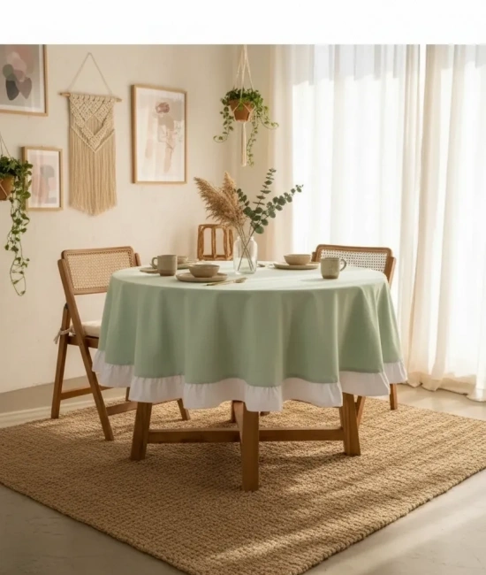 Yeşil Keten YUVARLAK (Beyaz) FIRFIRLI Masa Örtüsü