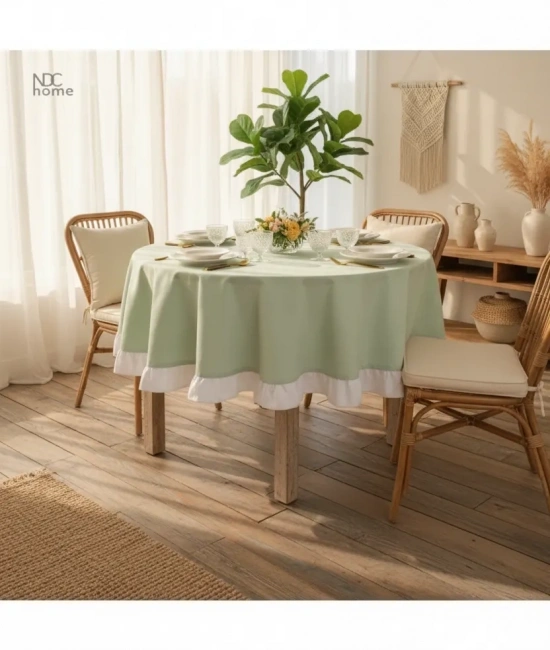 Yeşil Keten YUVARLAK (Beyaz) FIRFIRLI Masa Örtüsü