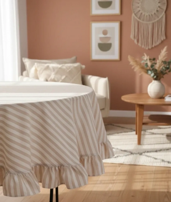 Sütlü Kahve Çizgili Keten YUVARLAK FIRFIRLI Masa Örtüsü