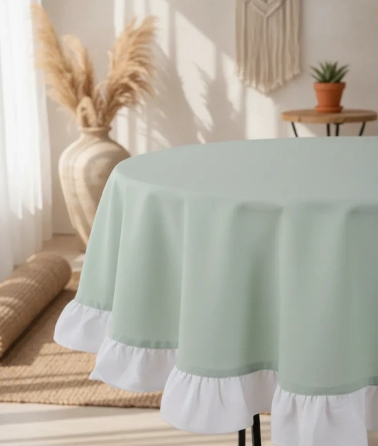 Yeşil Keten YUVARLAK (Beyaz) FIRFIRLI Masa Örtüsü