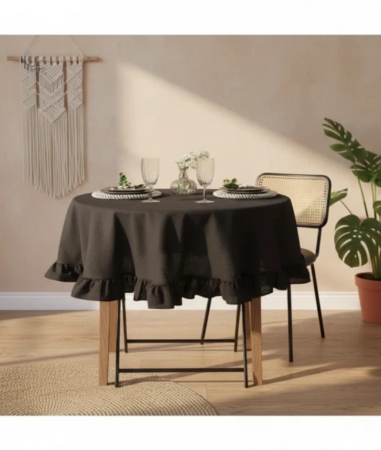 Siyah Keten YUVARLAK FIRFIRLI Masa Örtüsü