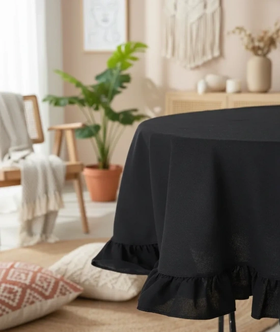 Siyah Keten YUVARLAK FIRFIRLI Masa Örtüsü