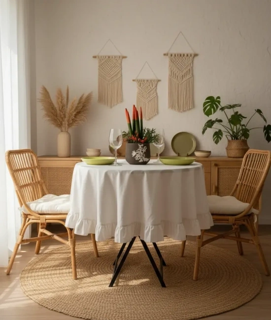 Ham Keten Krem FIRFIRLI Yuvarlak Masa Örtüsü