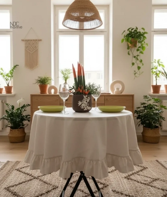 Ham Keten Krem FIRFIRLI Yuvarlak Masa Örtüsü