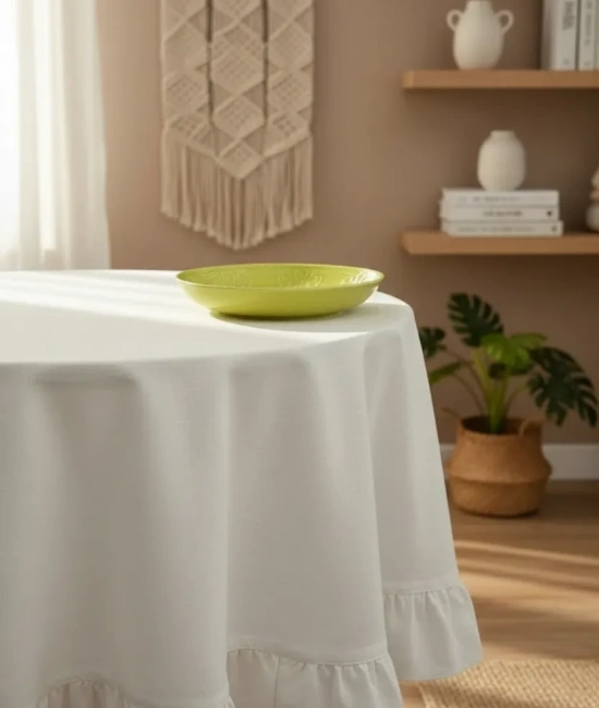 Ham Keten Krem FIRFIRLI Yuvarlak Masa Örtüsü