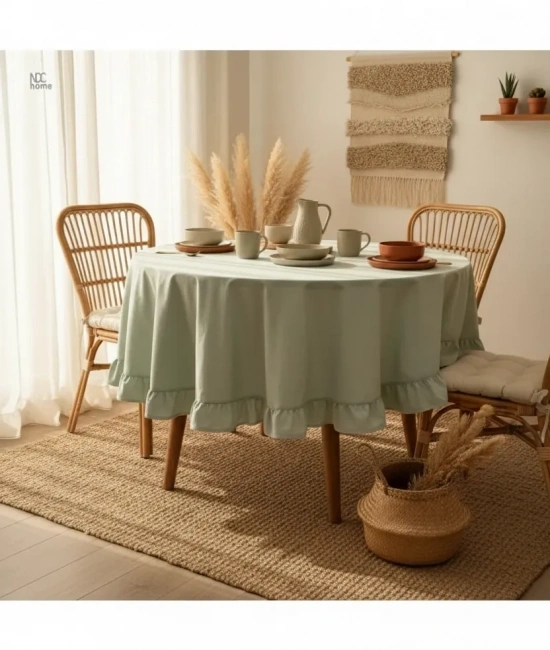 Premium Keten Adaçayı Yeşil FIRFIRLI YUVARLAK Masa Örtüsü