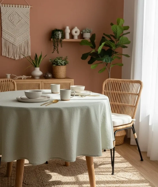 Keten Adaçayı Yeşil Yuvarlak DÜZ Masa Örtüsü