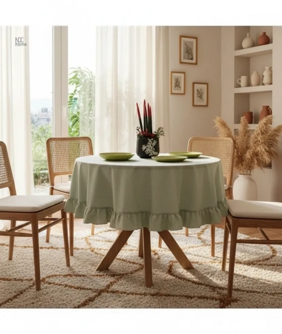 Premium Keten Adaçayı Yeşil FIRFIRLI YUVARLAK Masa Örtüsü