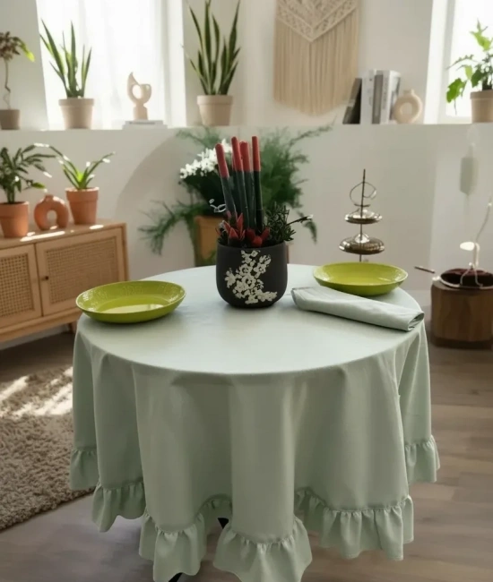 Premium Keten Adaçayı Yeşil FIRFIRLI YUVARLAK Masa Örtüsü