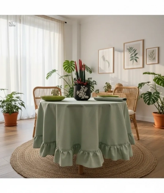 Premium Keten Adaçayı Yeşil FIRFIRLI YUVARLAK Masa Örtüsü