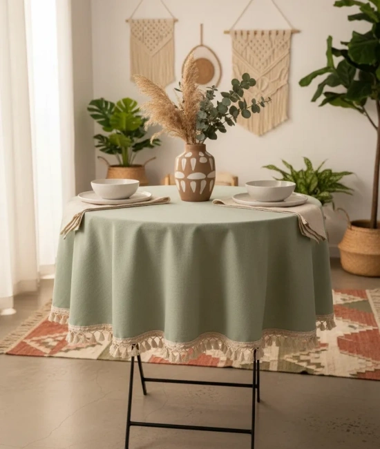Premium Keten Adaçayı Yeşil YUVARLAK Ham Ponponlu Masa Örtüsü