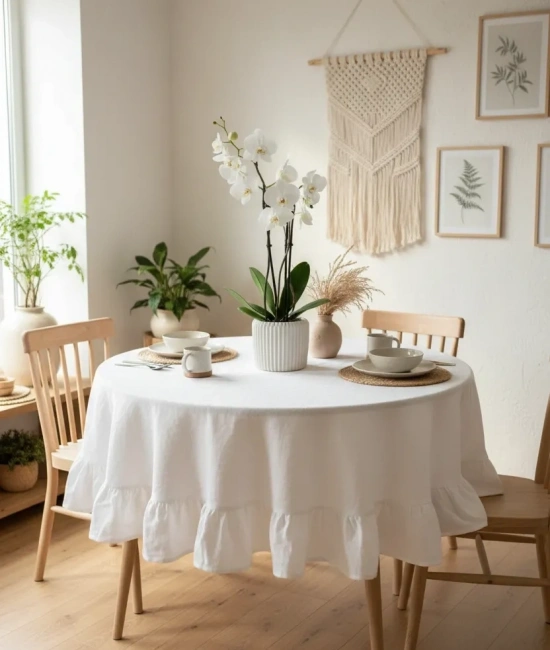 Premium Beyaz Keten Fırfırlı Yuvarlak Masa Örtüsü