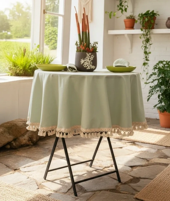 Premium Keten Adaçayı Yeşil YUVARLAK Ham Ponponlu Masa Örtüsü