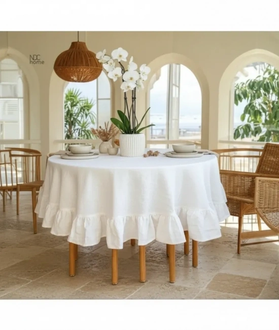 Premium Beyaz Keten Fırfırlı Yuvarlak Masa Örtüsü