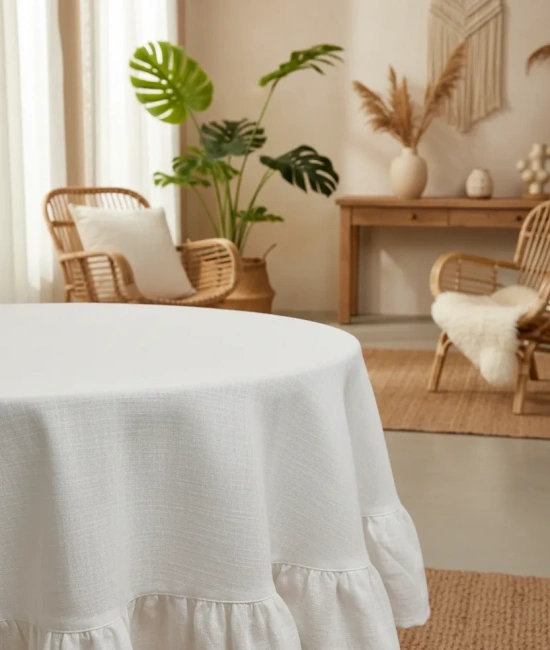Premium Beyaz Keten Fırfırlı Yuvarlak Masa Örtüsü