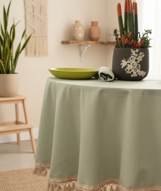 Premium Keten Adaçayı Yeşil YUVARLAK Ham Ponponlu Masa Örtüsü