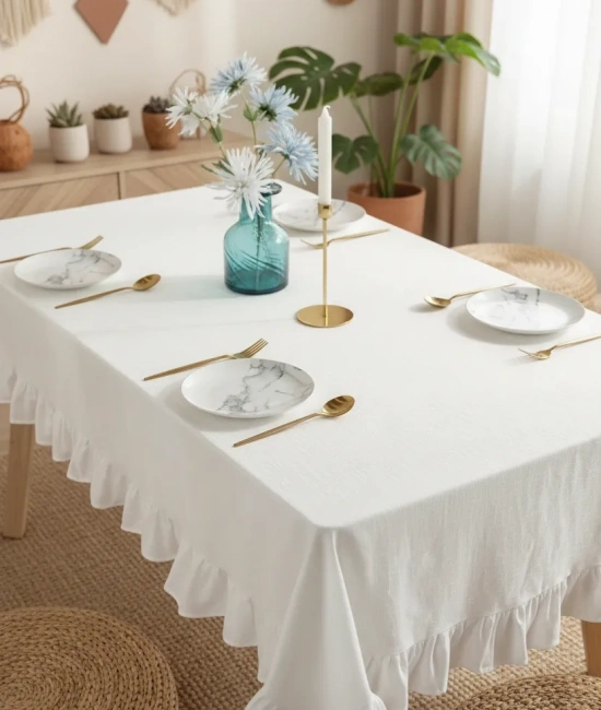 Premium Keten Beyaz Fırfırlı Masa Örtüsü