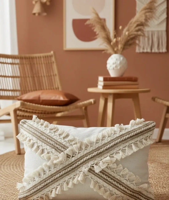 Ham Keten Krem Çapraz Kahve Dantelli Ponponlu 2 Adet Kırlent Kırlent Kılılfı (35 x 55)