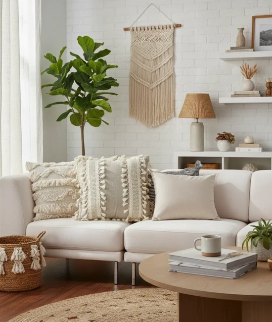 Bej Keten Kalın Dantel Ponponlu Kırlent 2 Adet Kırlent Kılıfı(43 X 43)