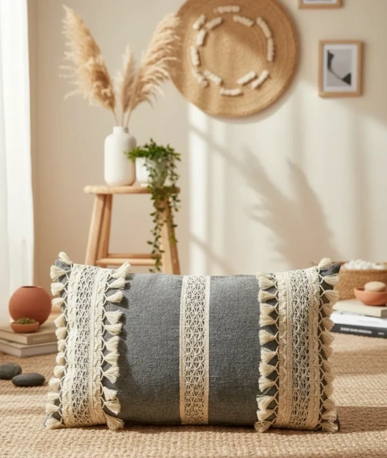 Keten Gri Antrasit Ham Dantel Kırlent 2 Adet Kırlent Kılıfı(35 x 55)