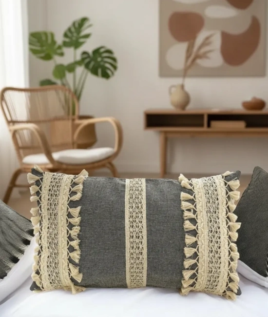 Keten Gri Antrasit Ham Dantel Kırlent 2 Adet Kırlent Kılıfı(35 x 55)