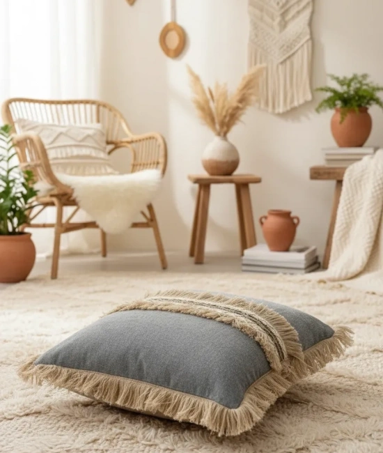 Gri Antrasit Jütlü Püskllü Kırlent 2 Adet Kırlent Kılıfı (43 x 43 )