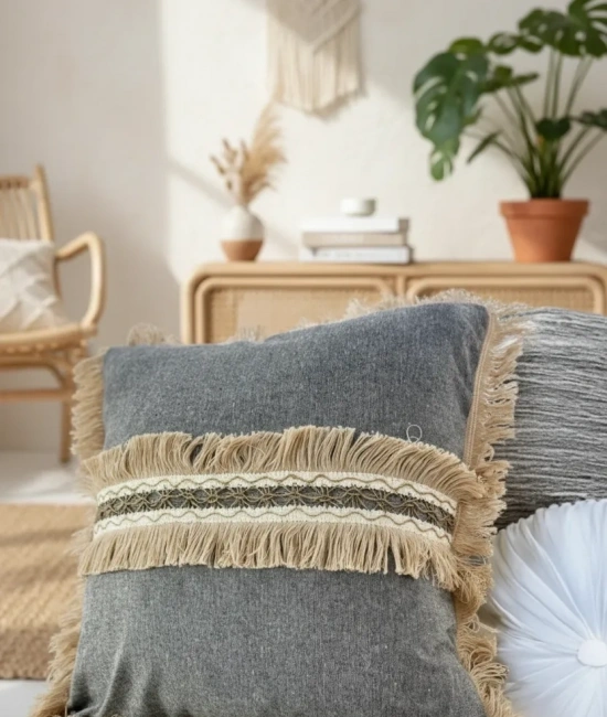 Gri Antrasit Jütlü Püskllü Kırlent 2 Adet Kırlent Kılıfı (43 x 43 )