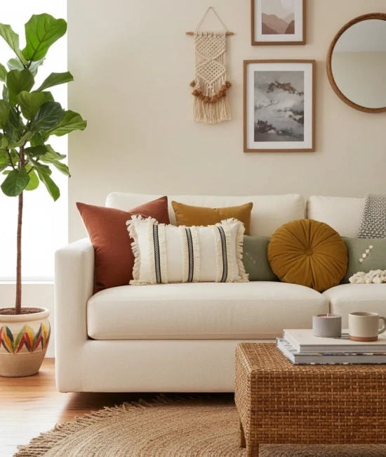 Keten Krem Üç Püsküllü Kırlent 2 Adet Kırlent Kılıfı (35 x 55)