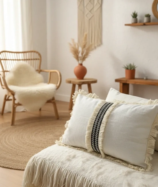 Keten Krem Siyah Şeritli Püsküllü Kırlent 2 Adet Kırlent Kılıfı(35 X 55 )