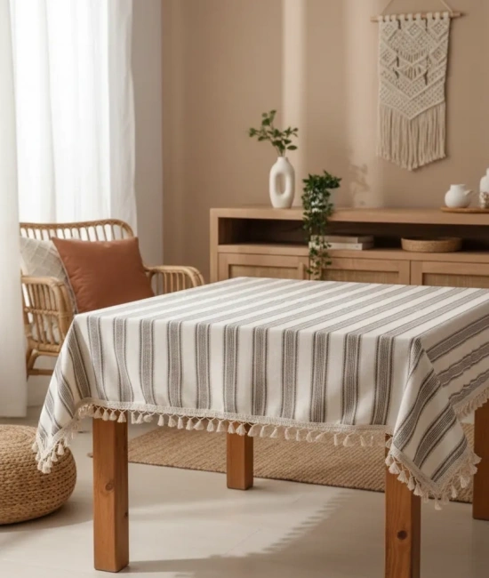 Buldan Dokuması Keten Kahverengi Çizgili Ponponlu Masa Örtüsü