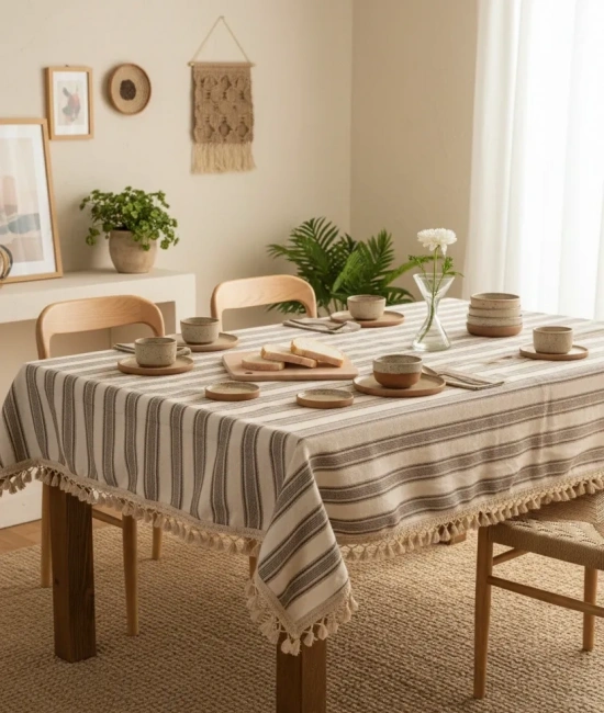 Buldan Dokuması Keten Kahverengi Çizgili Ponponlu Masa Örtüsü