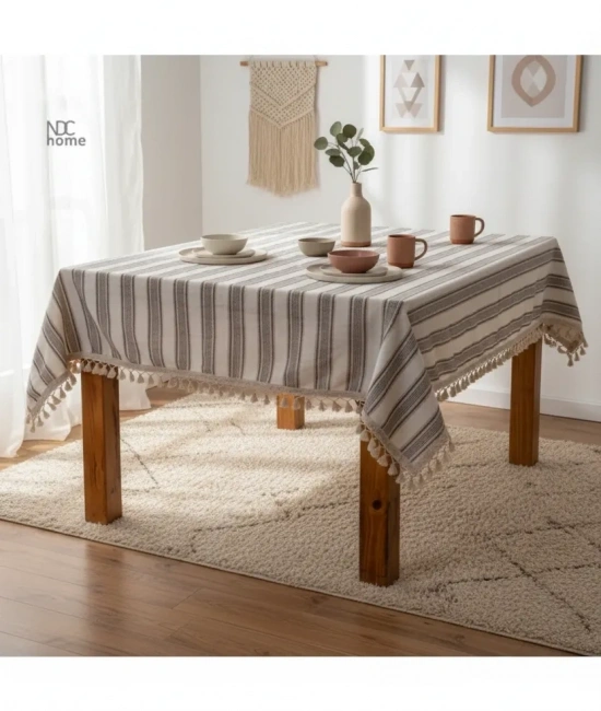 Buldan Dokuması Keten Kahverengi Çizgili Ponponlu Masa Örtüsü