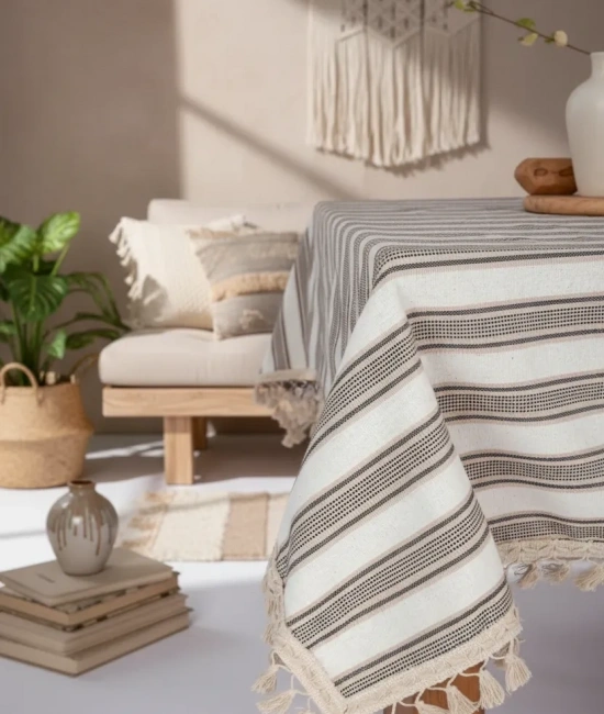 Buldan Dokuması Keten Kahverengi Çizgili Ponponlu Masa Örtüsü