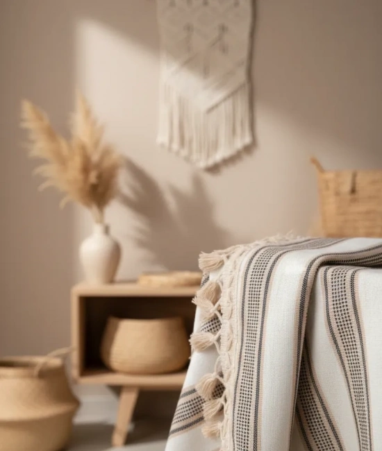 Buldan Dokuması Keten Kahverengi Çizgili Ponponlu Masa Örtüsü