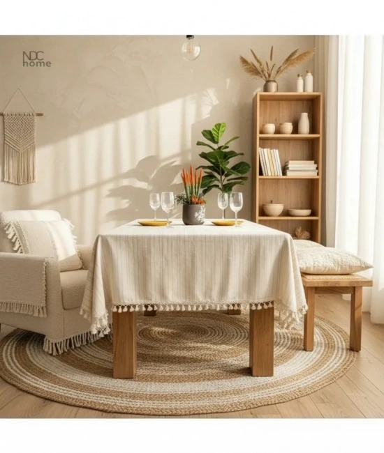 Buldan Dokuması Çizgili Krem Keten Ponponlu Masa Örtüsü