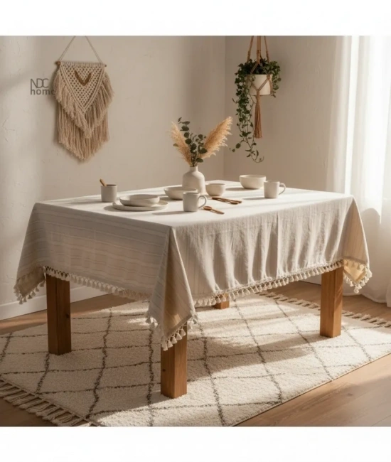 Buldan Dokuması Çizgili Krem Keten Ponponlu Masa Örtüsü