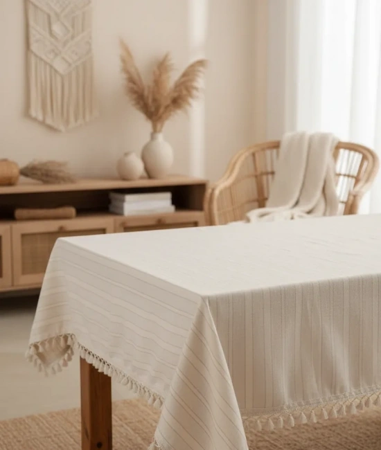 Buldan Dokuması Çizgili Krem Keten Ponponlu Masa Örtüsü