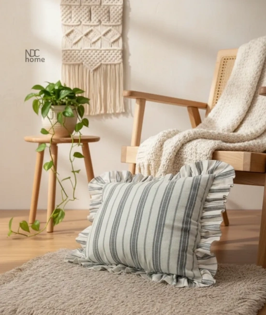 Premium Keten Gri Kalın Çizgili Fırfırlı Kırlent 2 Adet Kırlent Kılıfı (43 x 43 )