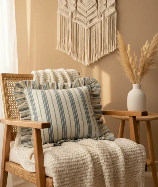 Premium Keten Gri Kalın Çizgili Fırfırlı Kırlent 2 Adet Kırlent Kılıfı (43 x 43 )