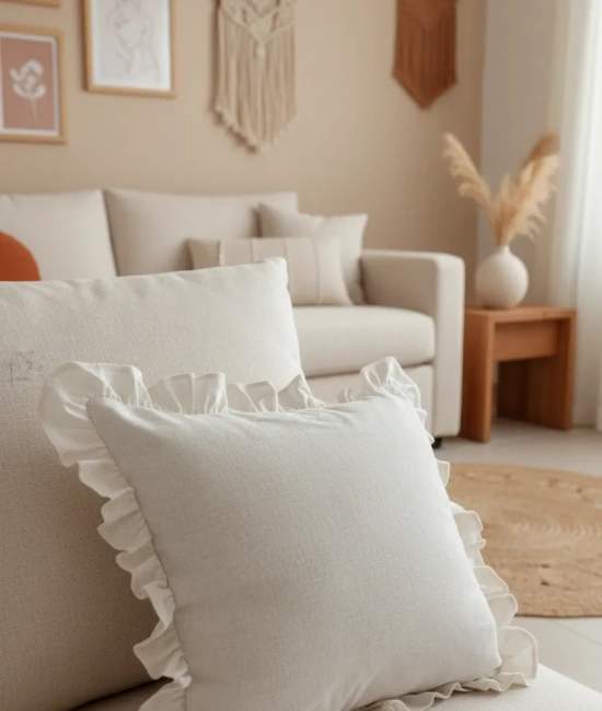 Ham Keten Krem Fırfırlı Kırlent 2 Adet Kırlent Kılıfı (43 x 43 )